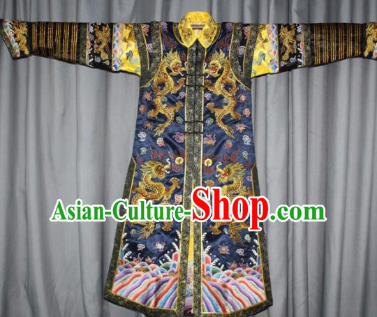 Chinese Traditional Drama Manchu Empress Embroidered Navy Dress Ancient Qing Dynasty Queen Costume for Women