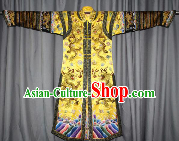 Chinese Traditional Drama Manchu Empress Embroidered Golden Dress Ancient Qing Dynasty Queen Costume for Women