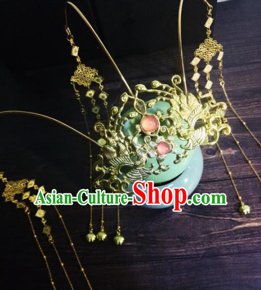 Chinese Ancient Palace Princess Hairpins Golden Tassel Phoenix Coronet Traditional Hanfu Hair Accessories for Women