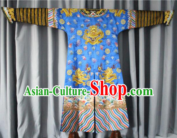 Chinese Traditional Drama Manchu Costume Ancient Qing Dynasty Emperor Blue Imperial Robe for Men