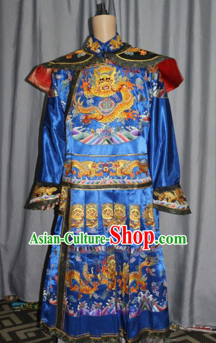 Chinese Traditional Drama Manchu Blue Costume Ancient Qing Dynasty Emperor Imperial Robe for Men