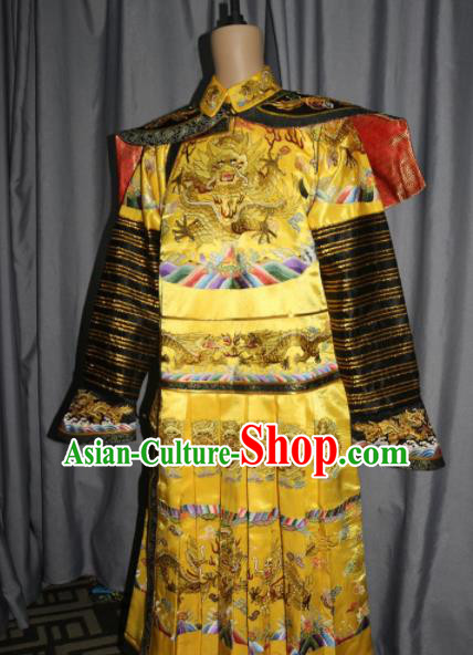 Chinese Traditional Drama Manchu Golden Silk Costume Ancient Qing Dynasty Emperor Imperial Robe for Men
