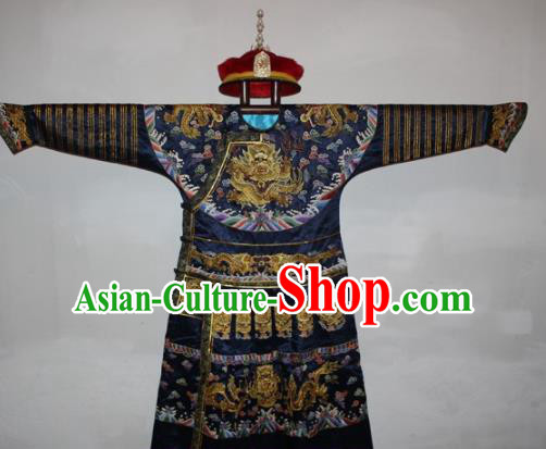 Chinese Traditional Drama Manchu Navy Silk Costume Ancient Qing Dynasty Emperor Imperial Robe for Men