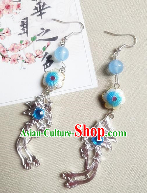 Chinese Ancient Princess Cloisonne Blue Earrings Traditional Hanfu Palace Jewelry Accessories for Women