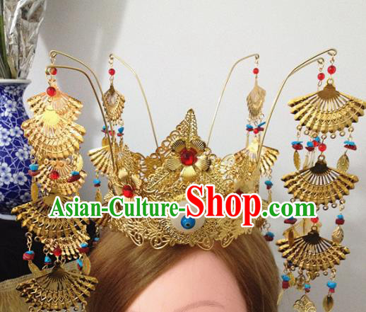 Chinese Ancient Princess Golden Phoenix Coronet Hairpins Traditional Hanfu Palace Hair Accessories for Women