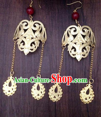 Chinese Ancient Princess Tassel Golden Earrings Traditional Hanfu Palace Jewelry Accessories for Women