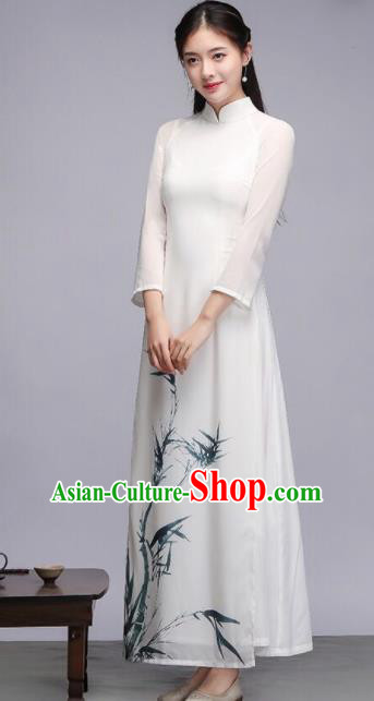 Asian Vietnam Traditional Printing Bamboo White Dress Vietnamese Classical Ao Dai Cheongsam for Women