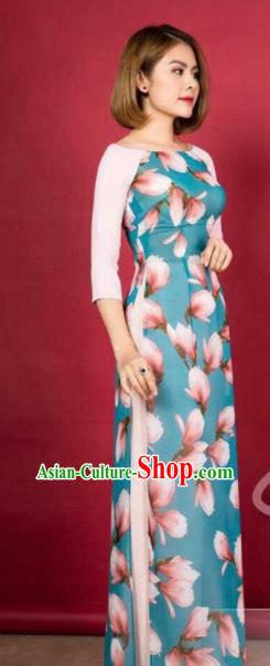 Asian Vietnam Traditional Printing Magnolia Blue Dress Vietnamese Classical Ao Dai Cheongsam for Women
