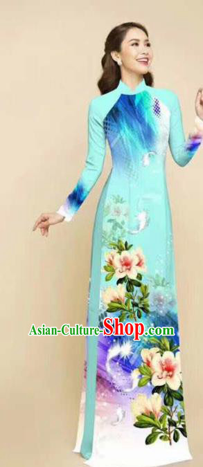 Asian Vietnam Traditional Printing Flowers Green Dress Vietnamese Classical Ao Dai Cheongsam for Women