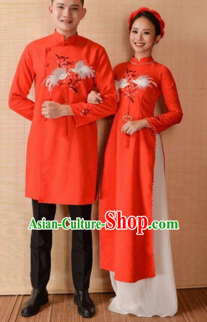 Asian Vietnam Traditional Wedding Costumes Vietnamese National Bride and Bridegroom Ao Dai Cheongsam Complete Set