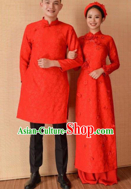 Asian Vietnam Traditional Wedding Red Costumes Vietnamese National Bride and Bridegroom Ao Dai Cheongsam Complete Set