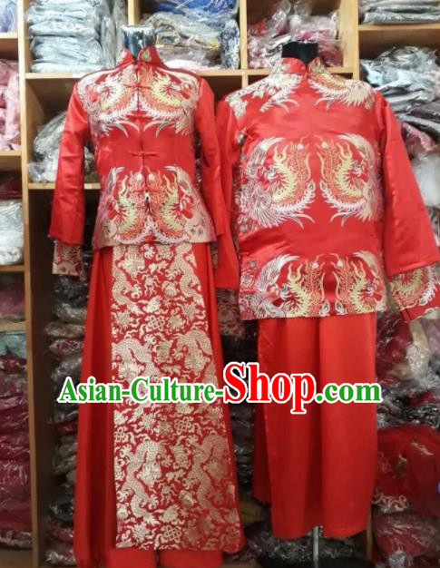 Asian Vietnam Traditional Wedding Red Costumes Vietnamese National Bride and Bridegroom Ao Dai Clothing Complete Set