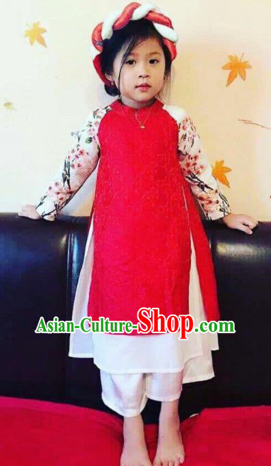 Asian Vietnam Traditional Red Dress Vietnamese National Classical Ao Dai Cheongsam for Kids