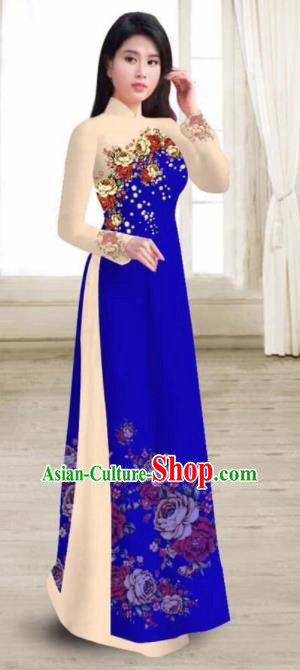 Asian Vietnam Traditional Printing Rose Royalblue Dress Vietnamese National Classical Ao Dai Cheongsam for Women