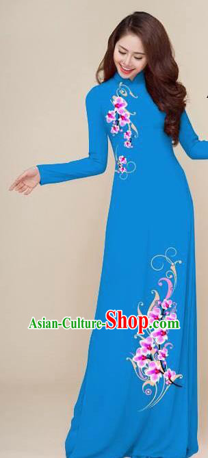 Asian Vietnam Traditional Printing Plum Blue Dress Vietnamese National Classical Ao Dai Cheongsam for Women