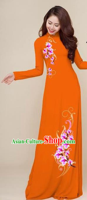 Asian Vietnam Traditional Printing Plum Orange Dress Vietnamese National Classical Ao Dai Cheongsam for Women