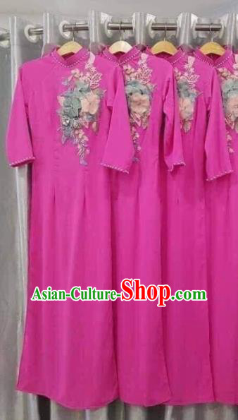 Asian Vietnam Traditional Embroidered Rosy Dress Vietnamese National Classical Ao Dai Cheongsam for Women