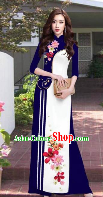 Asian Vietnam Traditional Printing Flowers Deep Blue Dress Vietnamese National Classical Ao Dai Cheongsam for Women