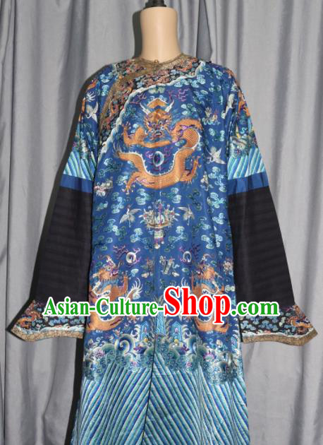 Chinese Traditional Drama Costume Ancient Qing Dynasty Emperor Embroidered Blue Dragon Robe for Men