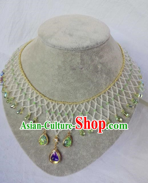 Chinese Ancient Palace Princess Green Crystal Necklace Traditional Hanfu Jewelry Accessories for Women