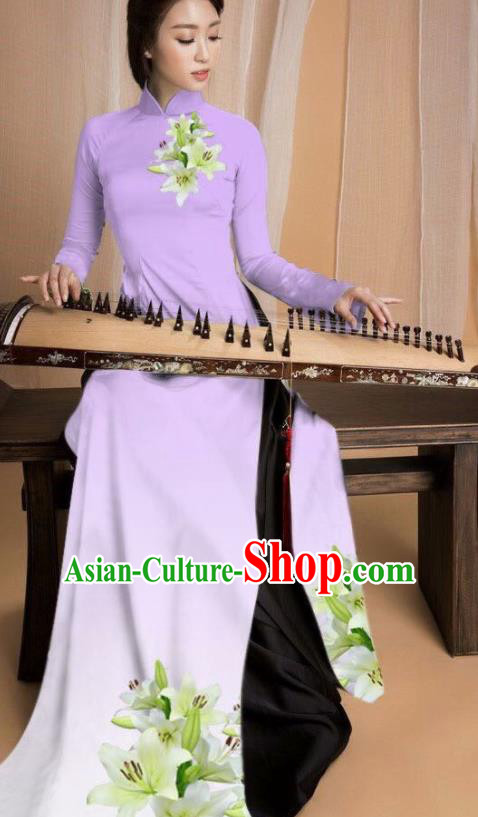 Asian Vietnam Traditional Printing Lily Flowers Purple Dress Vietnamese National Classical Ao Dai Cheongsam for Women
