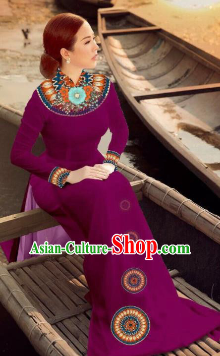 Asian Vietnam Traditional Bride Wine Red Dress Vietnamese National Classical Ao Dai Cheongsam for Women