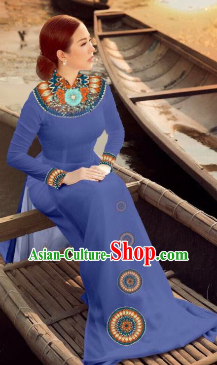 Asian Vietnam Traditional Bride Lake Blue Dress Vietnamese National Classical Ao Dai Cheongsam for Women