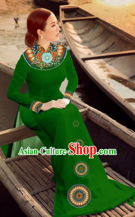 Asian Vietnam Traditional Bride Deep Green Dress Vietnamese National Classical Ao Dai Cheongsam for Women