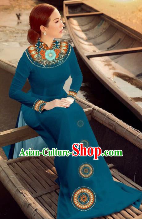 Asian Vietnam Traditional Bride Navy Dress Vietnamese National Classical Ao Dai Cheongsam for Women