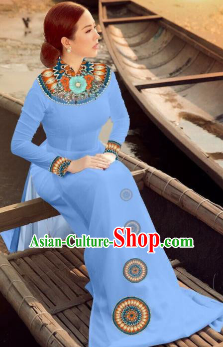 Asian Vietnam Traditional Bride Blue Dress Vietnamese National Classical Ao Dai Cheongsam for Women