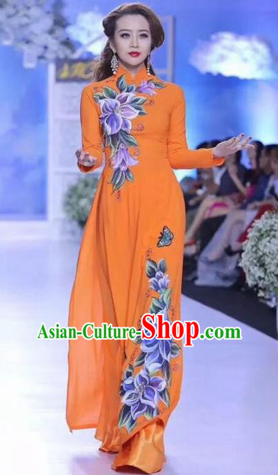 Asian Vietnam Traditional Bride Printing Flowers Orange Dress Vietnamese National Classical Ao Dai Cheongsam for Women