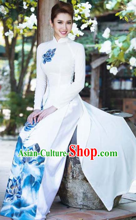 Asian Vietnam Traditional Bride Printing Blue Lotus Dress Vietnamese National Classical Ao Dai Cheongsam for Women