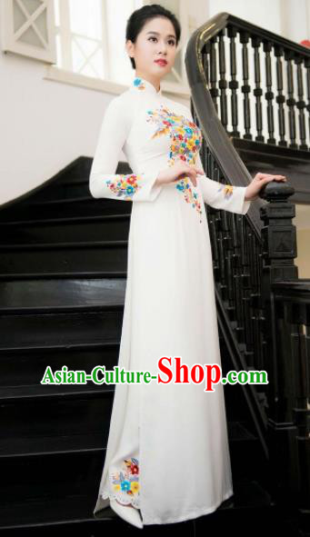Asian Vietnam Traditional Bride Printing White Dress Vietnamese National Classical Ao Dai Cheongsam for Women