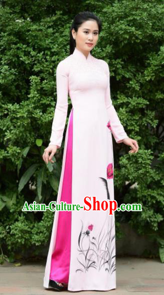 Asian Vietnam Traditional Bride Printing Light Pink Dress Vietnamese National Classical Ao Dai Cheongsam for Women