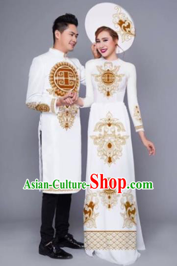 Asian Vietnam Traditional Wedding Golden Costumes Vietnamese National Classical Ao Dai Cheongsam for Women for Men