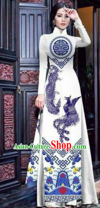 Asian Vietnam Traditional Bride Printing Phoenix Dress Vietnamese National Classical Ao Dai Cheongsam for Women