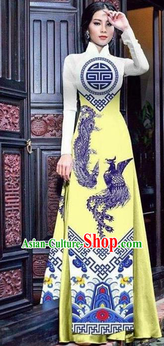 Asian Vietnam Traditional Bride Printing Phoenix Yellow Dress Vietnamese National Classical Ao Dai Cheongsam for Women