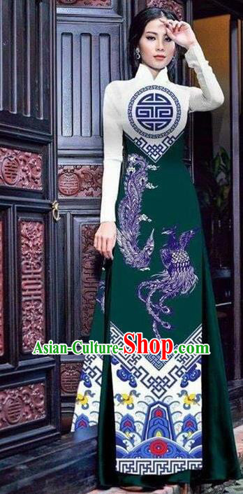 Asian Vietnam Traditional Bride Printing Phoenix Atrovirens Dress Vietnamese National Classical Ao Dai Cheongsam for Women