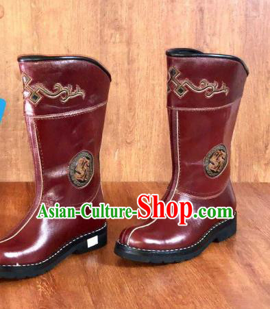 Traditional Chinese Mongol Nationality Red Shoes Mongolian Minority Folk Dance Leather Boots for Men
