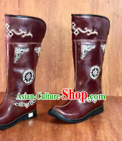 Traditional Chinese Mongol Nationality Wine Red Shoes Mongolian Minority Folk Dance Leather Boots for Men