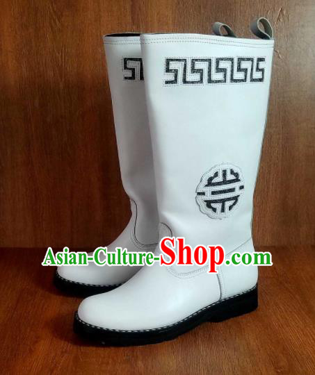 Traditional Chinese Mongol Nationality White Carving Leather Boots Mongolian Minority Folk Dance Shoes for Men