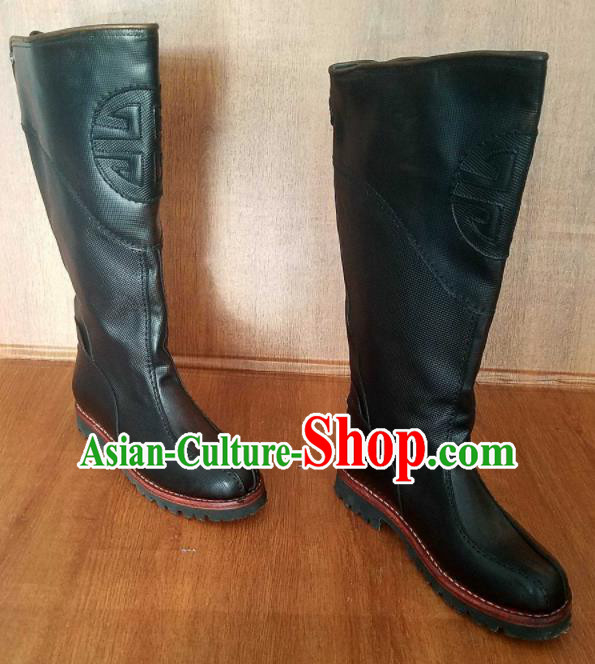 Traditional Chinese Mongol Nationality Black Leather High Boots Mongolian Minority Folk Dance Shoes for Men