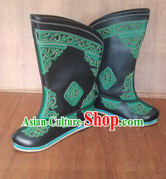 Traditional Chinese Mongol Ethnic Handmade Black Leather Boots Mongolian Minority Folk Dance Shoes for Men