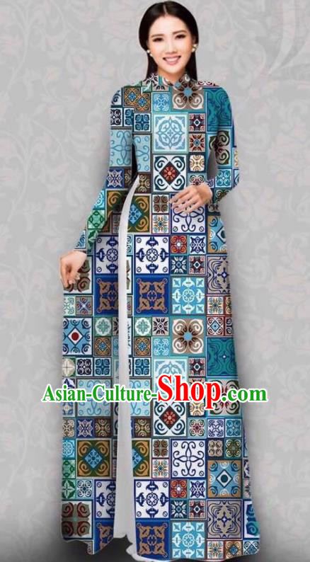 Asian Vietnam Traditional Blue Dress Bride Costume Vietnamese National Classical Ao Dai Cheongsam for Women