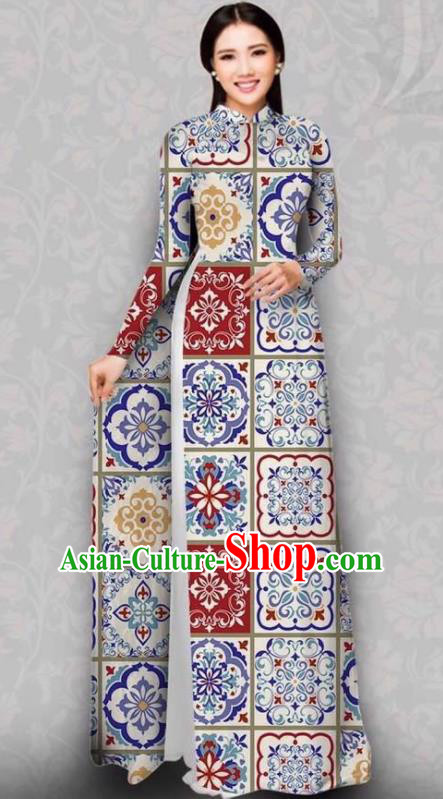 Asian Vietnam Traditional White Dress Bride Costume Vietnamese National Classical Ao Dai Cheongsam for Women