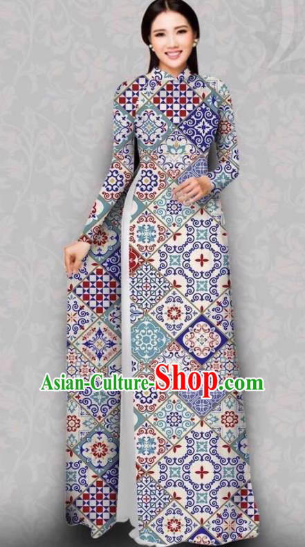 Asian Vietnam Traditional Printing Dress Bride Costume Vietnamese National Classical Ao Dai Cheongsam for Women