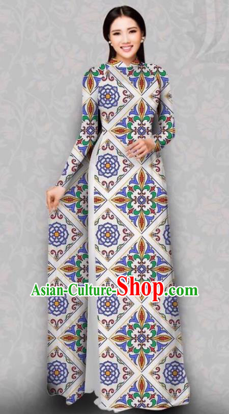 Asian Vietnam Traditional Printing Flowers Dress Bride Costume Vietnamese National Classical Ao Dai Cheongsam for Women