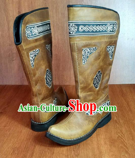 Traditional Chinese Mongol Ethnic Ginger Leather High Boots Mongolian Minority Folk Dance Handmade Shoes for Men