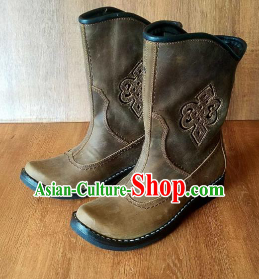 Traditional Chinese Mongol Ethnic Khaki Leather Boots Mongolian Minority Folk Dance Handmade Shoes for Men