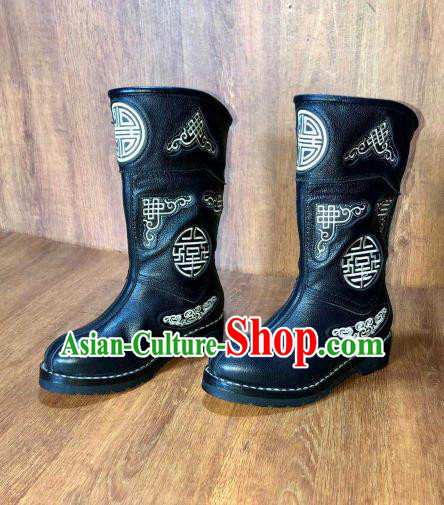 Traditional Chinese Mongol Ethnic Black Leather Boots Mongolian Minority Folk Dance Handmade Shoes for Men